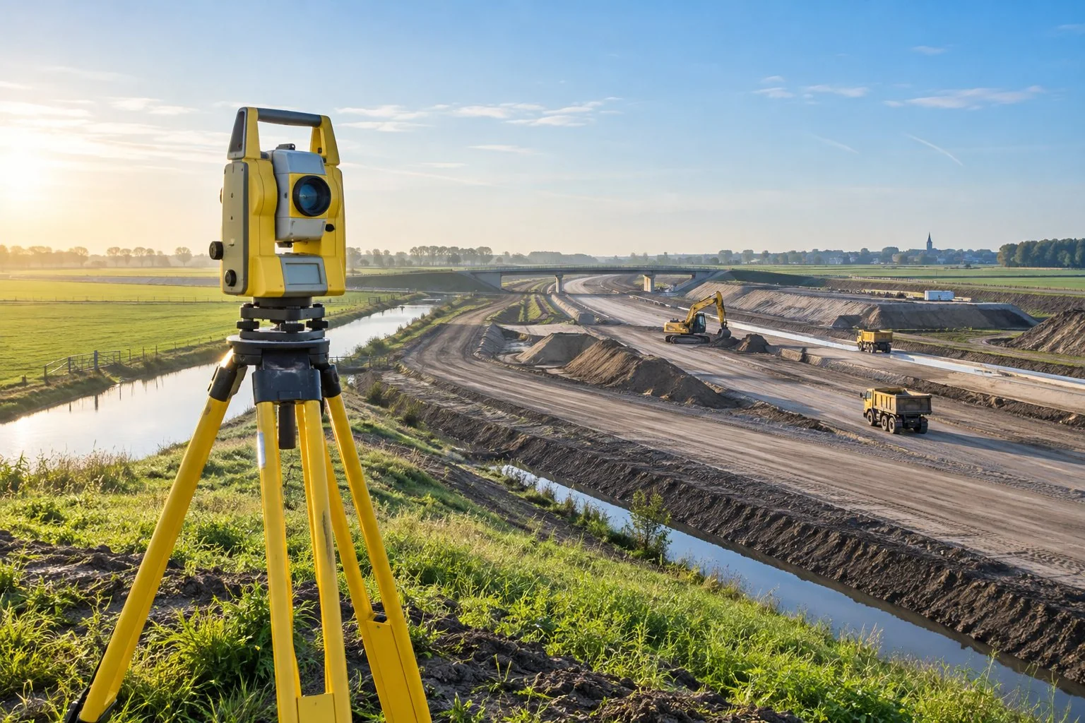 Illustratief beeld: Landmeetapparatuur bij wegenbouw