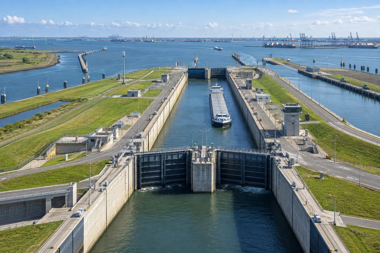 Illustratief overzicht van een grote zeesluis en haven